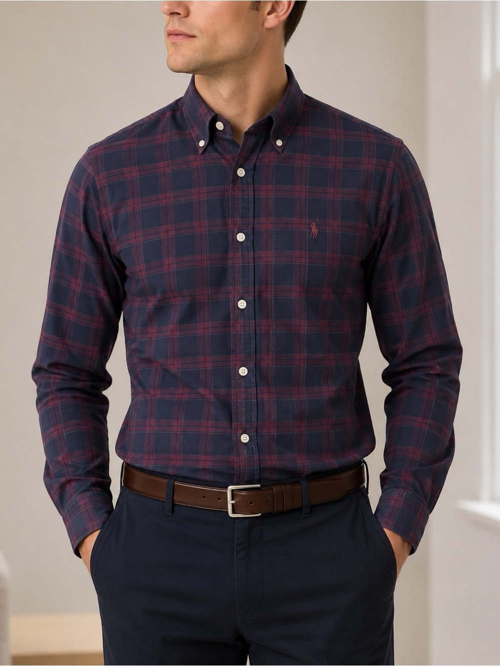 Ralph Lauren Blake Men’s XL Plaid Button Down Shirt Navy Burgundy 100% Cotton